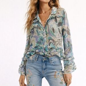 Russ Berens Silk Sheer Swirl Print Button-Up Ruffle Blouse Fairycore Whimsy Boho